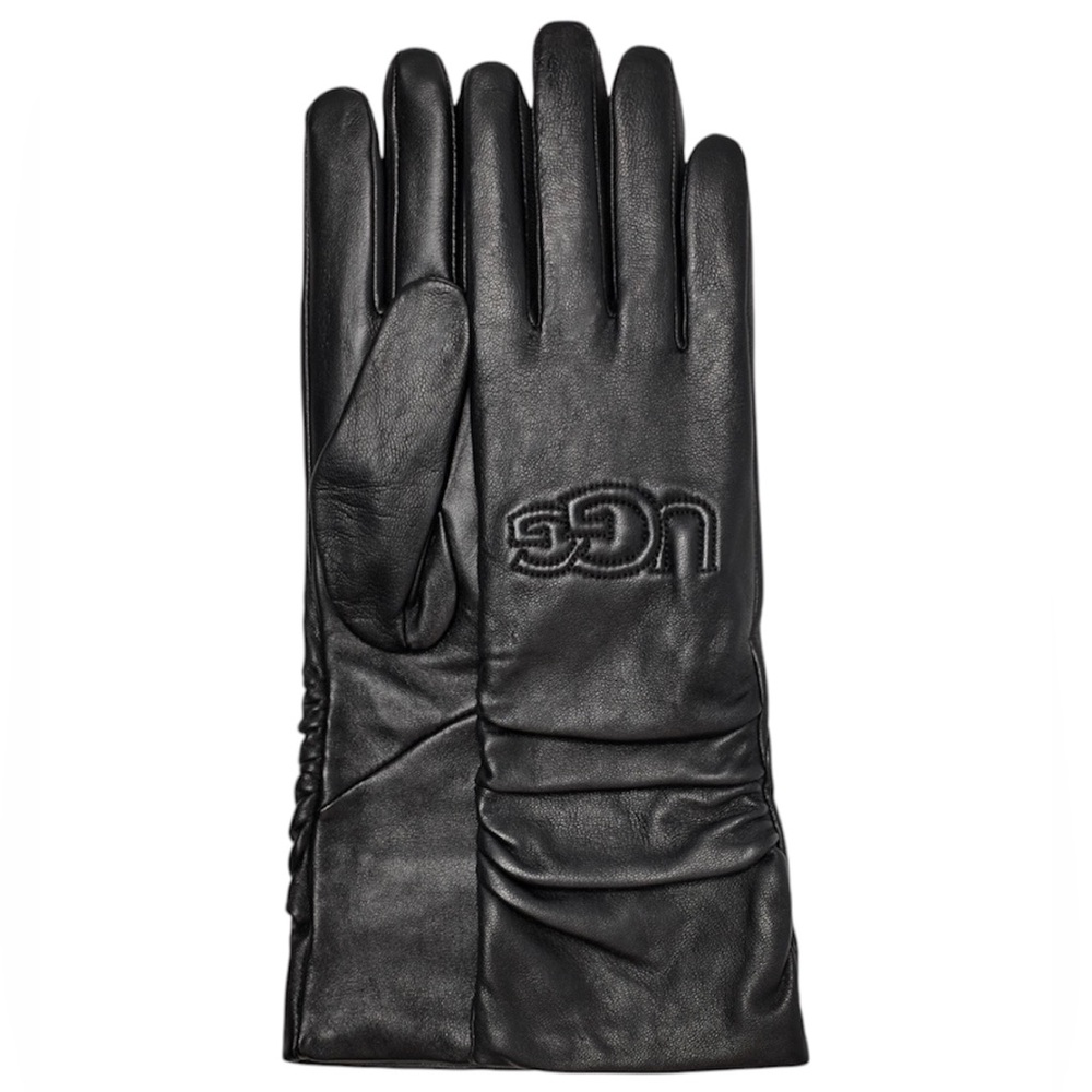 UGG Black Leather Scrunched Logo Gloves Size Small